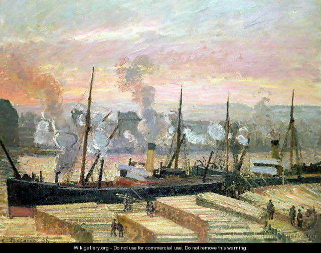 Sunset at Rouen, Boats Unloading Wood, 1896 - Camille Pissarro