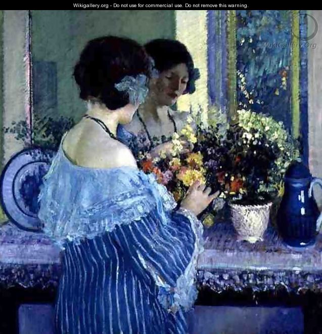 Girl in Blue Arranging Flowers - Frederick Carl Frieseke