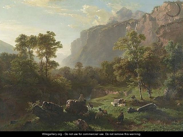 Young herdsman with goats and sheep, 1858 - Johann Gottfried Steffan