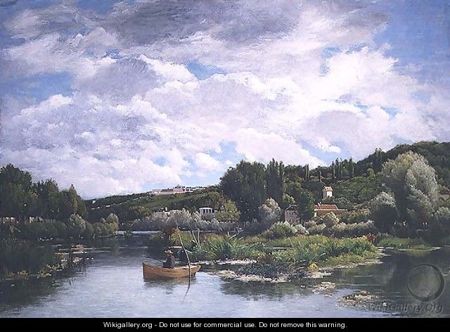 Lake scene with fishermen and cottages behind - Alexina Cherpin