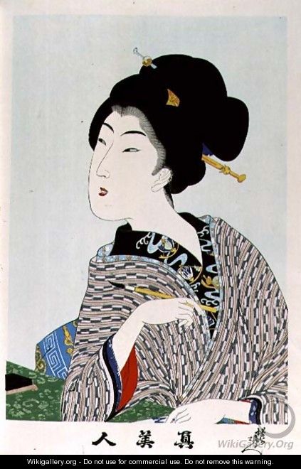 1973-22c Shin Bijin (True Beauties) depicting a woman holding a paintbrush, from a series of 36, modelled on an earlier series - Toyohara Chikanobu