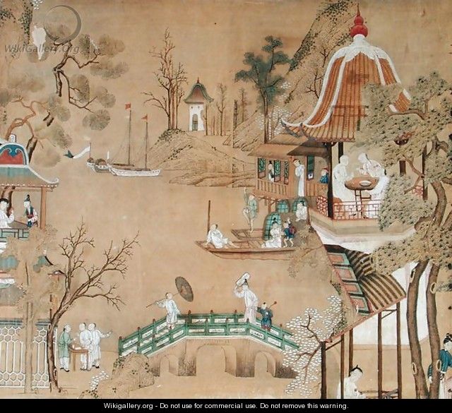 Detail of the wallpaper in the Chinese bedroom depicting a daily life scene, c.1760 - Anonymous Artist