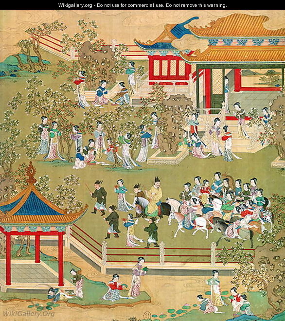 Emperor Yang Ti (581-618) strolling in his gardens with his wives, from a history of Chinese emperors 2 - Anonymous Artist