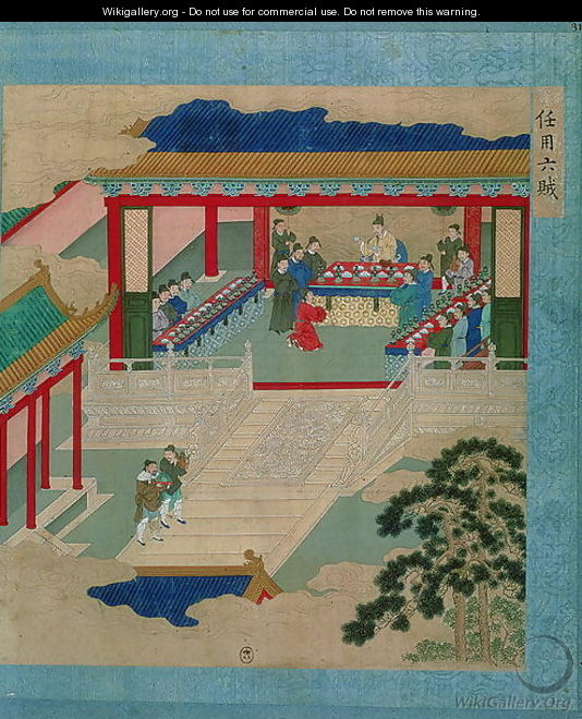 Emperor Hui Tsung (r.1100-26) taking part in a festival in which he drinks from a cup made of precious stone, from a history of Chinese emperors - Anonymous Artist