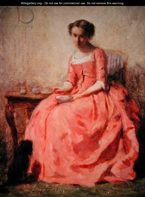 Girl in a pink dress at a table - Charles Chaplin