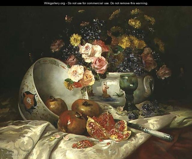 Still life of flowers in a Chinese vase with pomegranates - Eugene Henri Cauchois