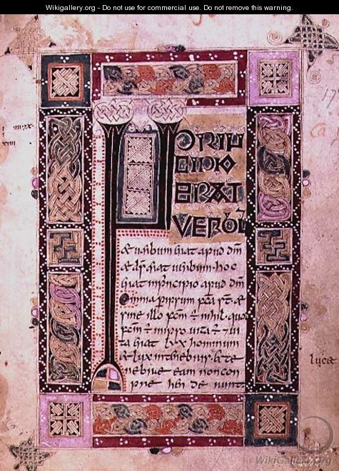 First page of the Gospel of St. John the Evangelist, text with initial and decorative border, from the MacDurnan Gospels, Armagh - Celtic