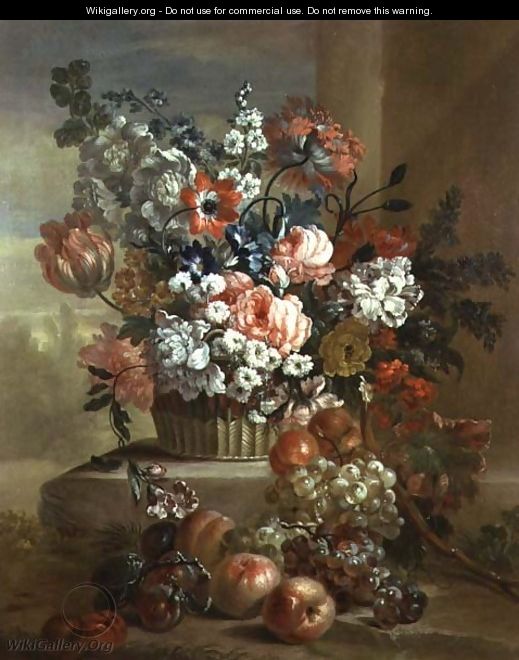 Still life of a basket of flowers and fruit - Pauwel Casteels