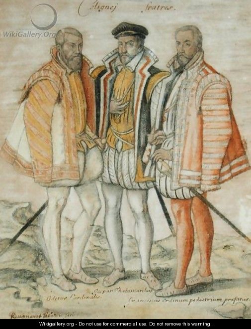 The Three Coligny Brothers: Odet (1517-71) Cardinal of Chatillon, Gaspard II (1519-72) Leader of French Protestants and Admiral of France, and Francois, Lord of Andelot, who won fame at the Battles of Dreux and Jarnac - (studio of) Clouet