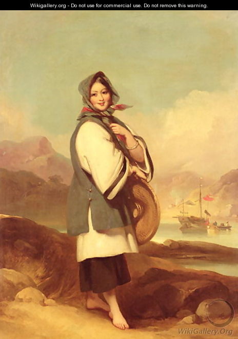 Portrait of a Eurasian girl against a Chinese River Landscape - George Chinnery