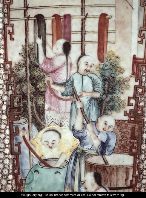 Detail from a vase depicting men dyeing silk - Anonymous Artist