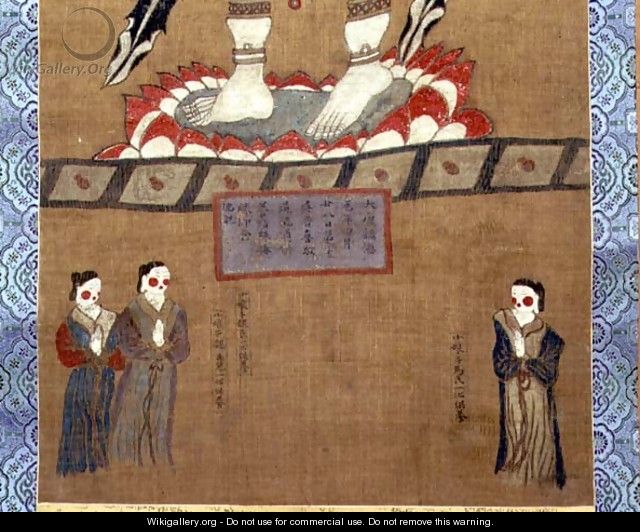 Female figures making offerings to Avalokitesvara (Guanyin) (detail from a hanging scroll from the Dunhuang Caves, 664 AD) - Anonymous Artist