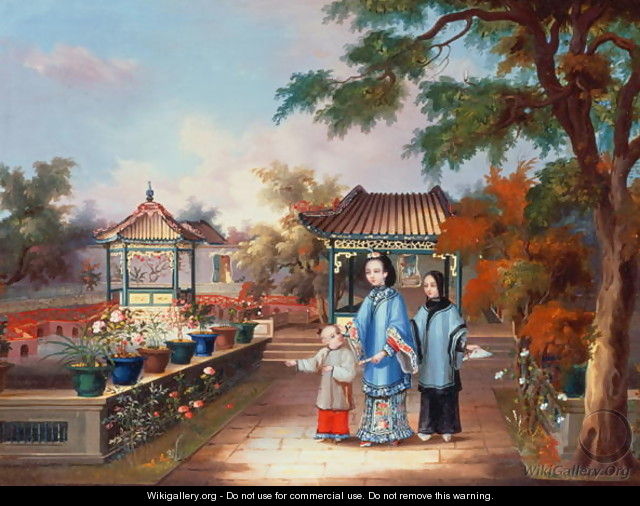 A mother with her children in a chinese garden, c.1850 - Anonymous Artist
