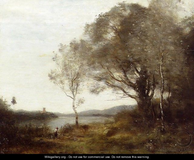 Strolling along the Banks of a Pond - Jean-Baptiste-Camille Corot