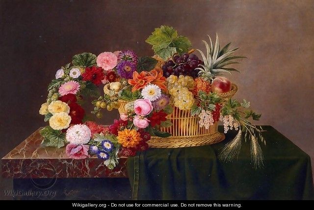 Still Life with a Basket of Fruit and a Wreath of Asters, Dahlias, Day Lillies and Morning Glories - Johan Laurentz Jensen