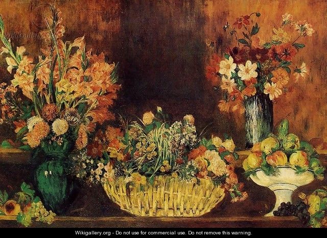 Vase, Basket of Flowers and Fruit - Pierre Auguste Renoir