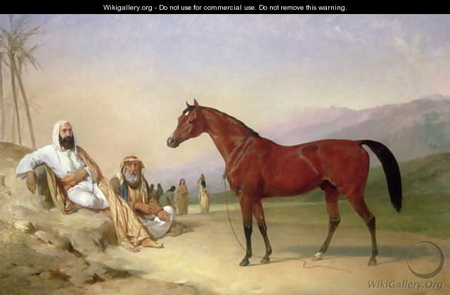 Two Bedouin with a Bay Arab Stallion in the Desert, 1860 - Abraham Cooper
