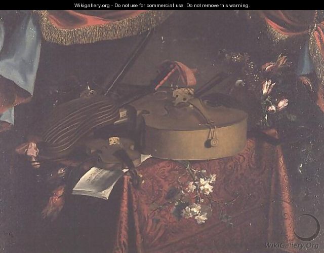 Still Life of Musical Instruments on a Table with Flowers - Edwart Collier