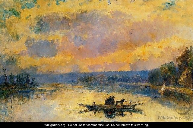 The Ferry at Bouille, Sunset - Albert Lebourg