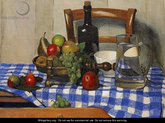 Still Life with Blue Checkered Tablecloth - Felix Edouard Vallotton