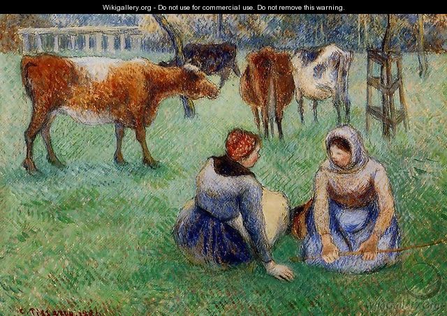 Seated Peasants Watching Cows - Camille Pissarro