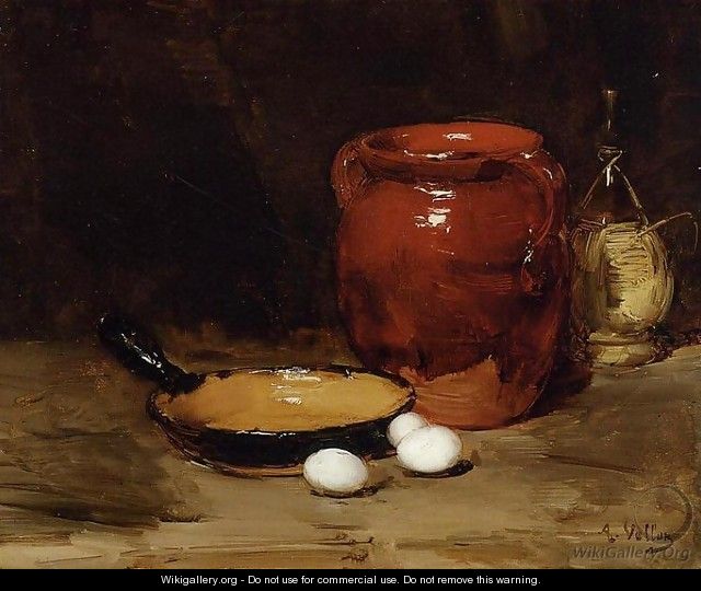 Still Life with a Pen, Jug, Bottle and Eggs on a Table - Antoine Vollon