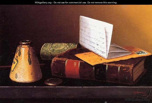 Still Life with Ink Bottle, Book and Letter - William Michael Harnett
