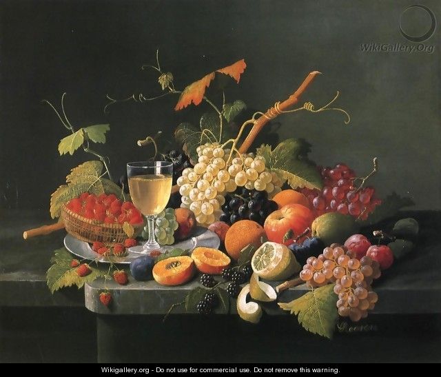 Fruit on a Marble Ledge with Wine Glass - Severin Roesen