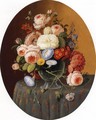 Floral Arrangement in a Glass Vase on a Clothed Table - Severin Roesen