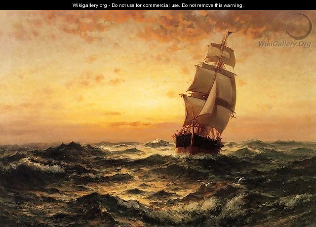 Ship at Sea, Sunset - Edward Moran