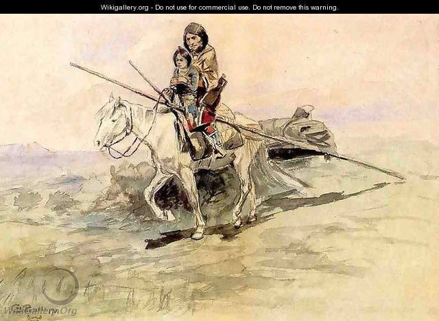Indian on Horseback with a Child - Charles Marion Russell