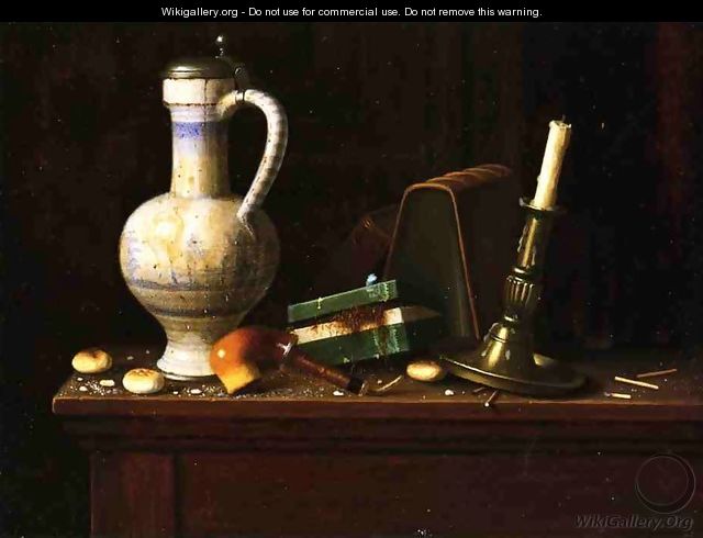Still Life with Blue and White Pitcher, Tobacco Case and Pipe - William Michael Harnett
