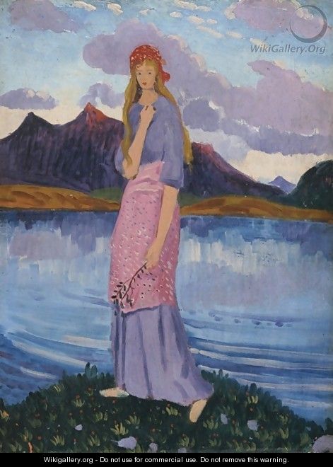 Girl standing by a lake - James Dickson Innes
