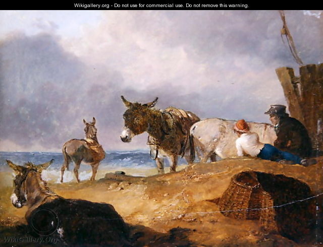 Donkeys and Figures on a Beach - Julius Caesar Ibbetson