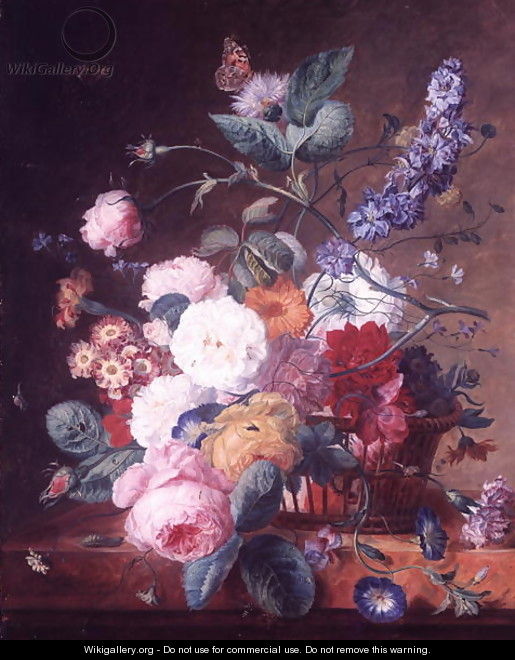 Roses, Dahlia Delphinium and other Flowers in a Basket on a Marble Ledge - Jan Van Huysum