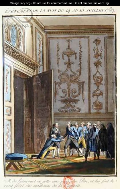 Monsieur de Liancourt 1747-1827 telling Louis XVI 1754-93 at Versailles of the events in Paris on 14th July 1789 - Jean-Francois Janinet
