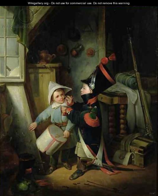Two Boys Dressing Up as Soldiers - Claude Jacquand