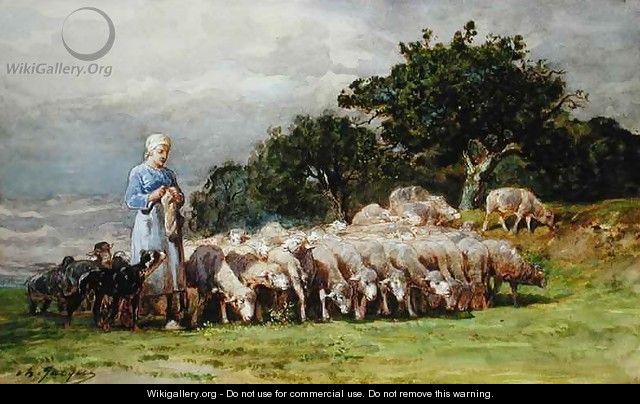 A Shepherdess with a Flock of Sheep - Charles Emile Jacques
