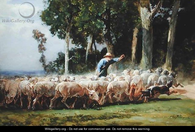 A Shepherd with a Flock of Sheep - Charles Emile Jacques