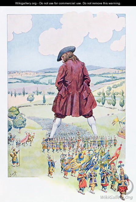 Gulliver inspecting the Lilliputian army - Jacques Onfray de Breville