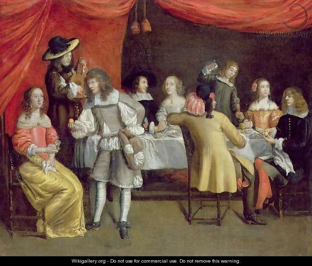 Elegant Company Dining Beneath a Red Canopy - Hieronymus Janssens
