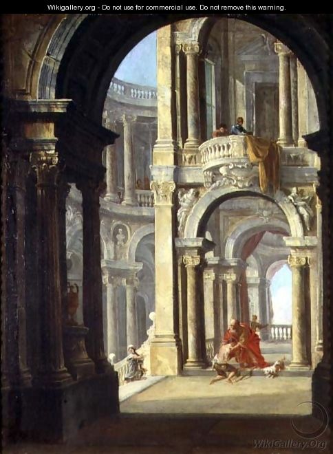 A Capriccio of a Baroque Palace with the Return of the Prodigal Son - Antonio Joli
