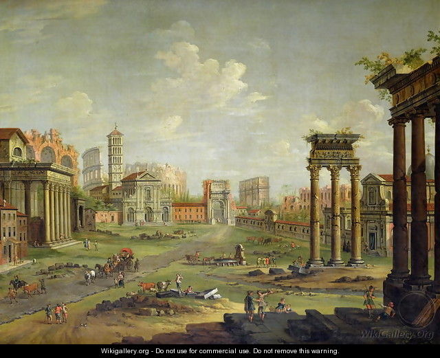 The Campo Vaccino Rome Looking Towards St Francesca Romana and the Arch of Titus from the Temple of Saturn - Antonio Joli