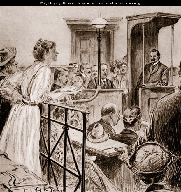 Miss Christabel Pankhurst questioning Mr Herbert Gladstone - George Kingston Jones