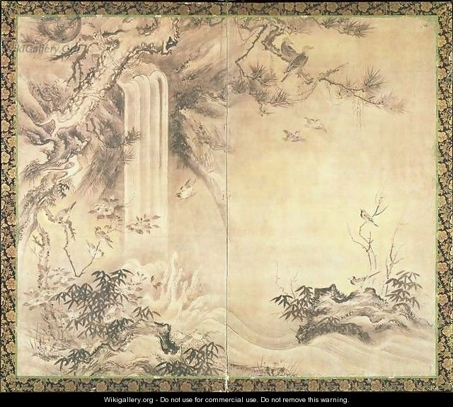 Two Fold Screen depicting Birds and Waterfall - Eitoku Kano