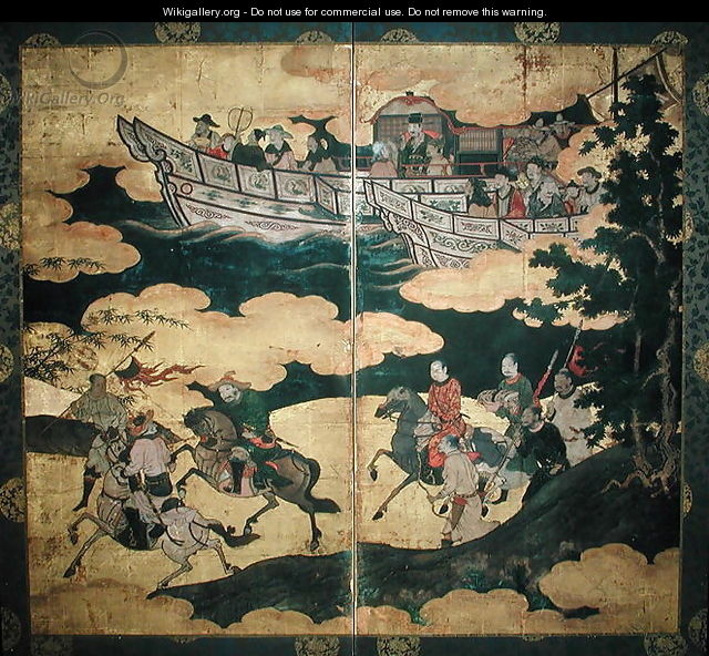 Tartar Envoys Arriving in Ships Their Advance Party Ashore Momoyama Period - Eitoku Kano