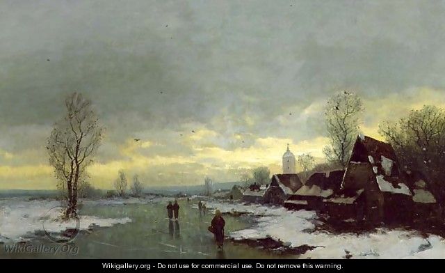 People Walking on a Frozen River - Johann II Jungblut