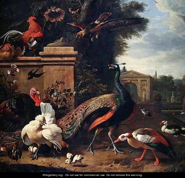 A Peacock a Hawk and Various Fowl and Ducks in a Park - Melchior de Hondecoeter