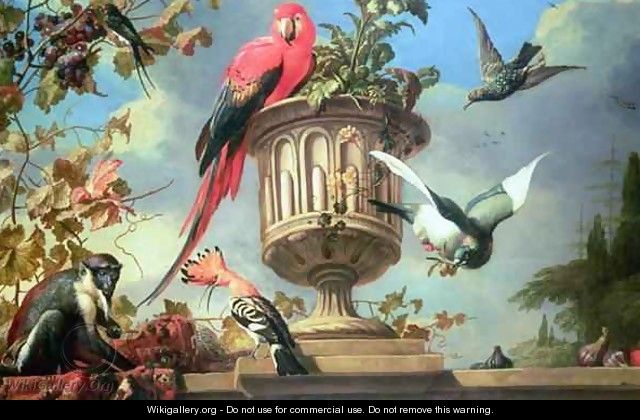Scarlet Macaw perched on an urn with other birds and a monkey eating grapes - (attr. to) Hondecoeter, Melchior de