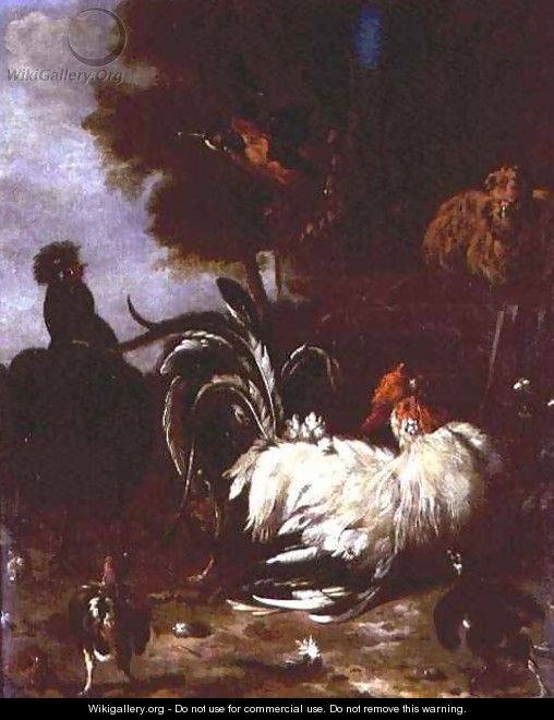Cockerel and other poultry in wooded landscape - (attr. to) Hondecoeter, Melchior de